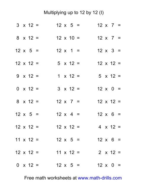 The 36 Horizontal Multiplication Facts Questions -- 12 by 0-12 (I) Math Worksheet