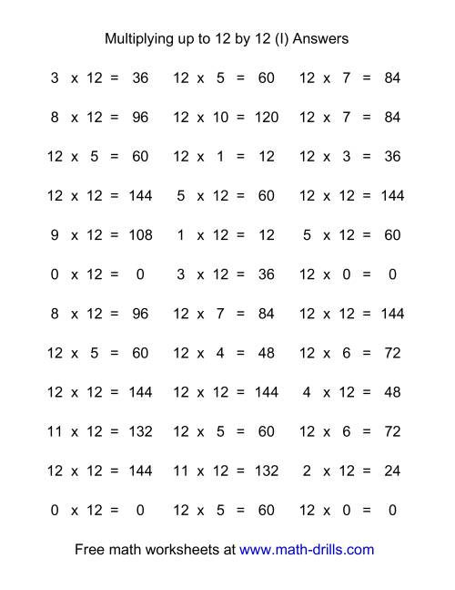 The 36 Horizontal Multiplication Facts Questions -- 12 by 0-12 (I) Math Worksheet Page 2