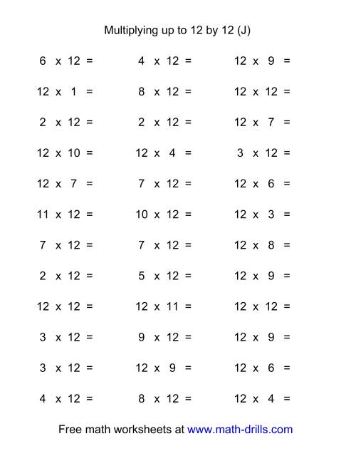 The 36 Horizontal Multiplication Facts Questions -- 12 by 0-12 (J) Math Worksheet