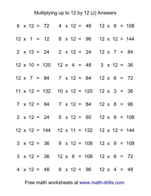 The 36 Horizontal Multiplication Facts Questions -- 12 by 0-12 (J) Math Worksheet Page 2