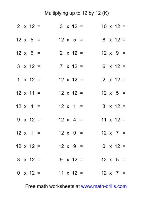 The 36 Horizontal Multiplication Facts Questions -- 12 by 0-12 (K) Math Worksheet