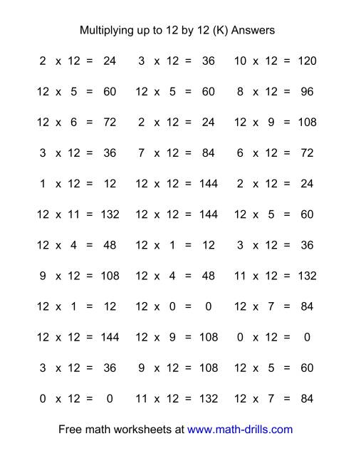 The 36 Horizontal Multiplication Facts Questions -- 12 by 0-12 (K) Math Worksheet Page 2