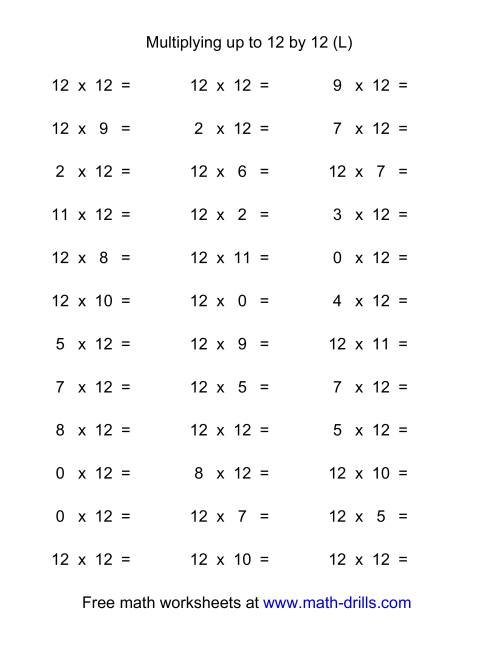 The 36 Horizontal Multiplication Facts Questions -- 12 by 0-12 (L) Math Worksheet