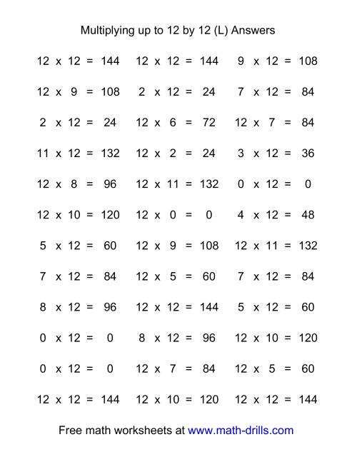 The 36 Horizontal Multiplication Facts Questions -- 12 by 0-12 (L) Math Worksheet Page 2