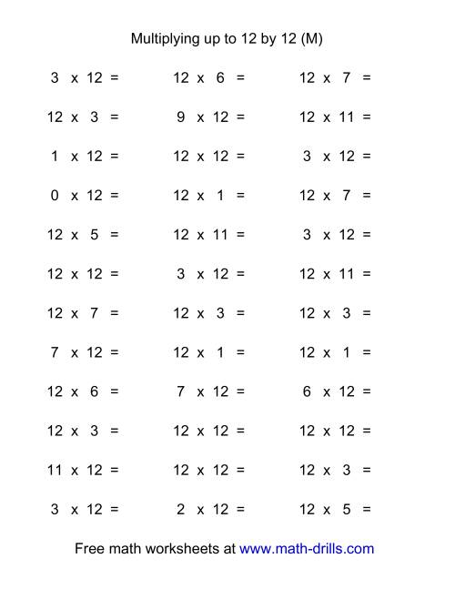 The 36 Horizontal Multiplication Facts Questions -- 12 by 0-12 (M) Math Worksheet