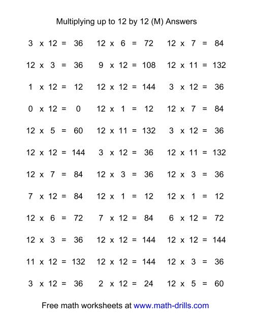 The 36 Horizontal Multiplication Facts Questions -- 12 by 0-12 (M) Math Worksheet Page 2