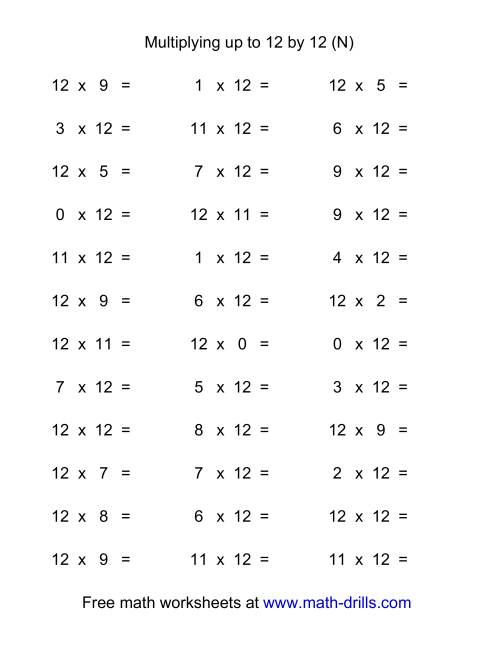 The 36 Horizontal Multiplication Facts Questions -- 12 by 0-12 (N) Math Worksheet