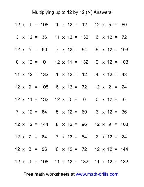 The 36 Horizontal Multiplication Facts Questions -- 12 by 0-12 (N) Math Worksheet Page 2