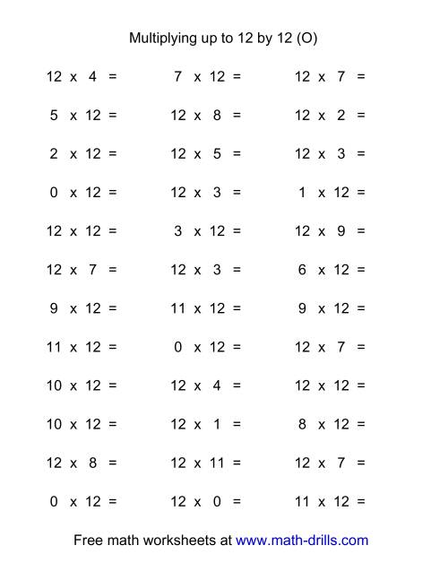 The 36 Horizontal Multiplication Facts Questions -- 12 by 0-12 (O) Math Worksheet