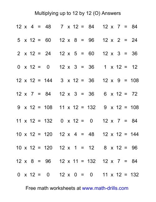 The 36 Horizontal Multiplication Facts Questions -- 12 by 0-12 (O) Math Worksheet Page 2