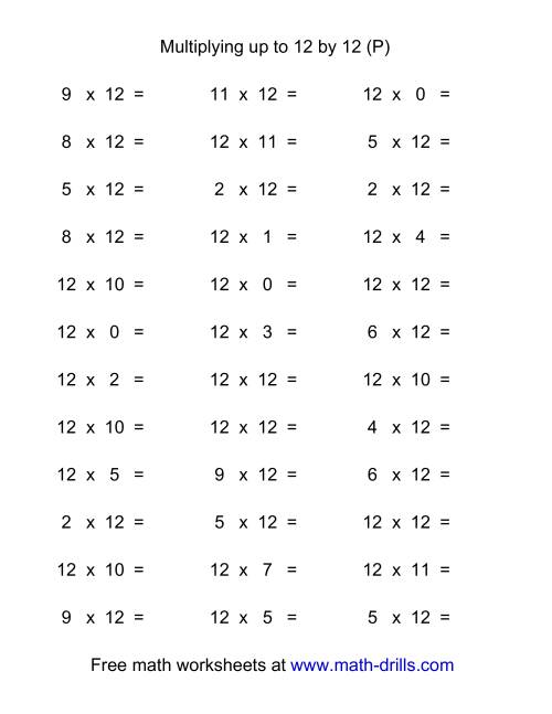 The 36 Horizontal Multiplication Facts Questions -- 12 by 0-12 (P) Math Worksheet