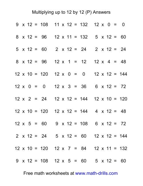The 36 Horizontal Multiplication Facts Questions -- 12 by 0-12 (P) Math Worksheet Page 2