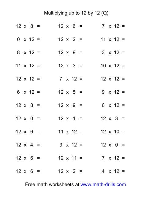 The 36 Horizontal Multiplication Facts Questions -- 12 by 0-12 (Q) Math Worksheet