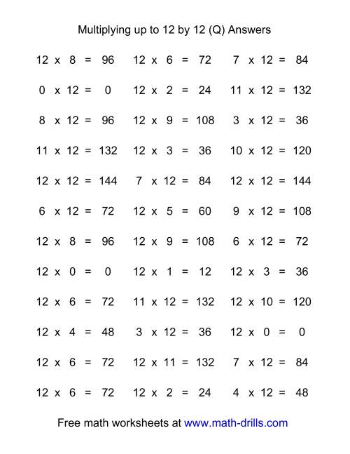 The 36 Horizontal Multiplication Facts Questions -- 12 by 0-12 (Q) Math Worksheet Page 2