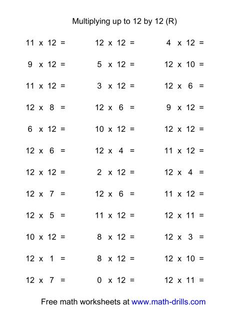 The 36 Horizontal Multiplication Facts Questions -- 12 by 0-12 (R) Math Worksheet