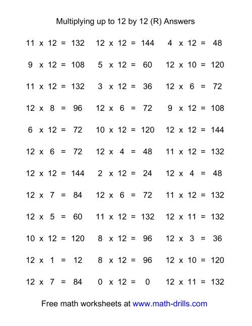 The 36 Horizontal Multiplication Facts Questions -- 12 by 0-12 (R) Math Worksheet Page 2