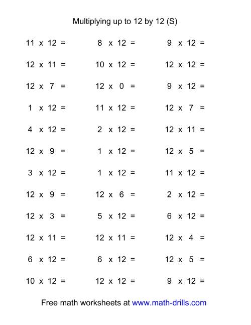 The 36 Horizontal Multiplication Facts Questions -- 12 by 0-12 (S) Math Worksheet