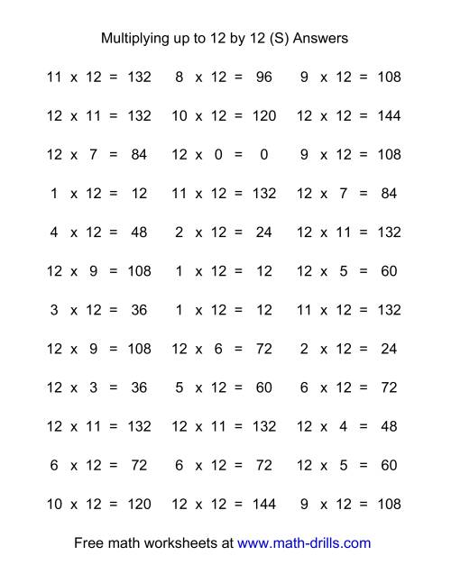 The 36 Horizontal Multiplication Facts Questions -- 12 by 0-12 (S) Math Worksheet Page 2