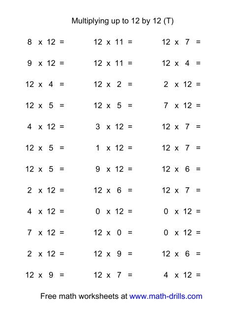 The 36 Horizontal Multiplication Facts Questions -- 12 by 0-12 (T) Math Worksheet