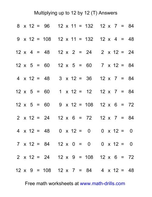 The 36 Horizontal Multiplication Facts Questions -- 12 by 0-12 (T) Math Worksheet Page 2