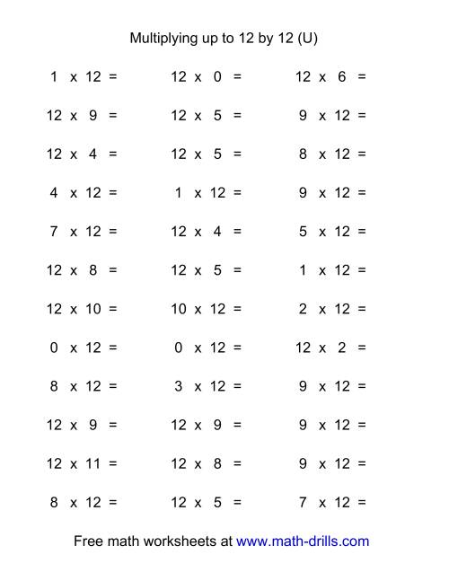The 36 Horizontal Multiplication Facts Questions -- 12 by 0-12 (U) Math Worksheet