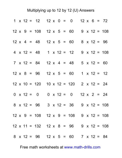 The 36 Horizontal Multiplication Facts Questions -- 12 by 0-12 (U) Math Worksheet Page 2