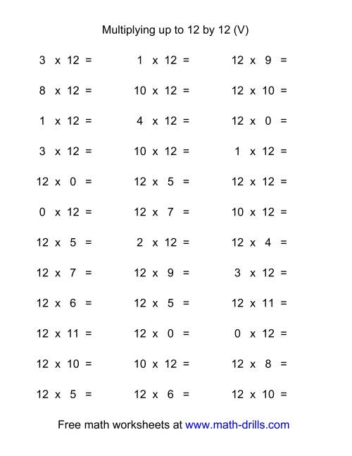 The 36 Horizontal Multiplication Facts Questions -- 12 by 0-12 (V) Math Worksheet