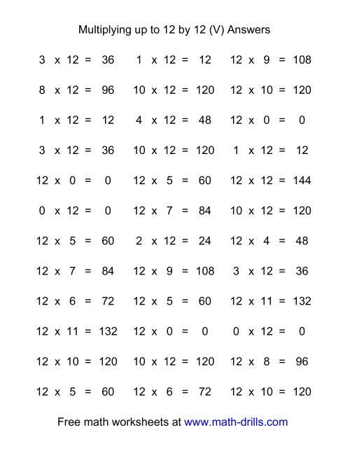 The 36 Horizontal Multiplication Facts Questions -- 12 by 0-12 (V) Math Worksheet Page 2