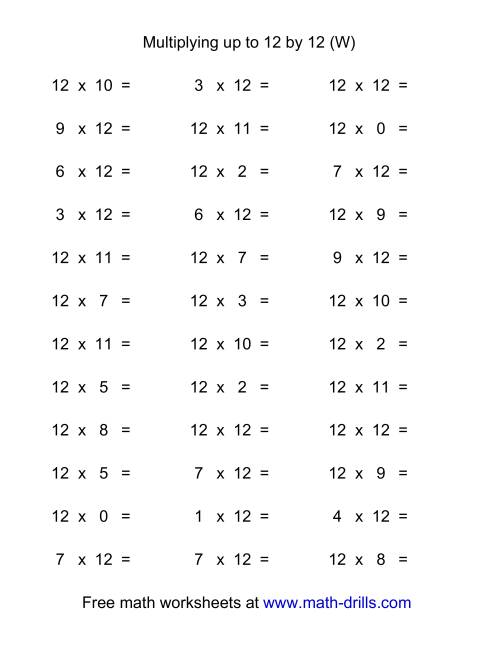 The 36 Horizontal Multiplication Facts Questions -- 12 by 0-12 (W) Math Worksheet