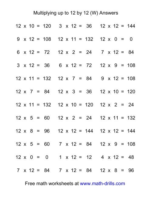 The 36 Horizontal Multiplication Facts Questions -- 12 by 0-12 (W) Math Worksheet Page 2