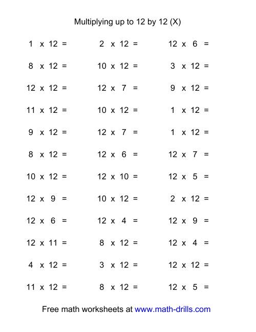 The 36 Horizontal Multiplication Facts Questions -- 12 by 0-12 (X) Math Worksheet