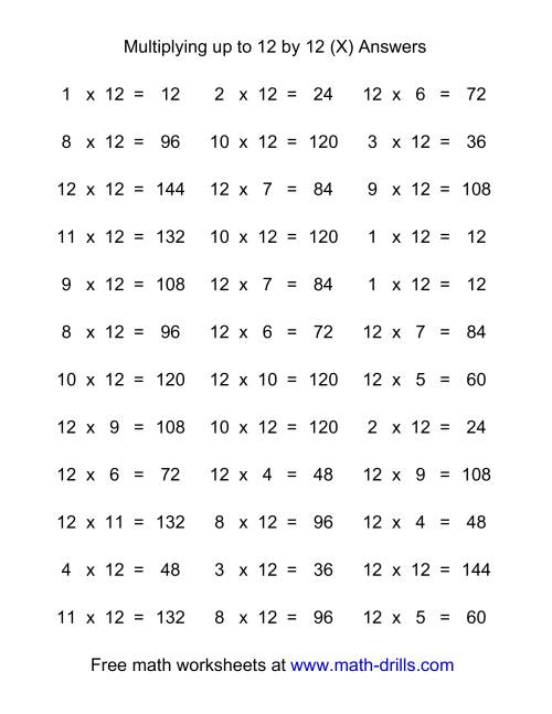 The 36 Horizontal Multiplication Facts Questions -- 12 by 0-12 (X) Math Worksheet Page 2