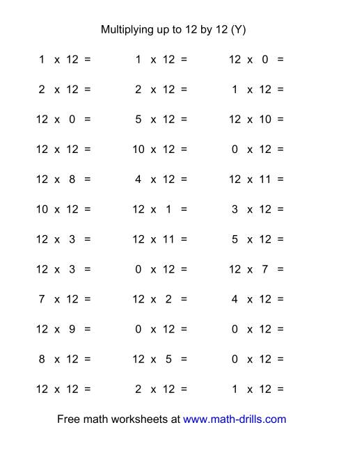 The 36 Horizontal Multiplication Facts Questions -- 12 by 0-12 (Y) Math Worksheet
