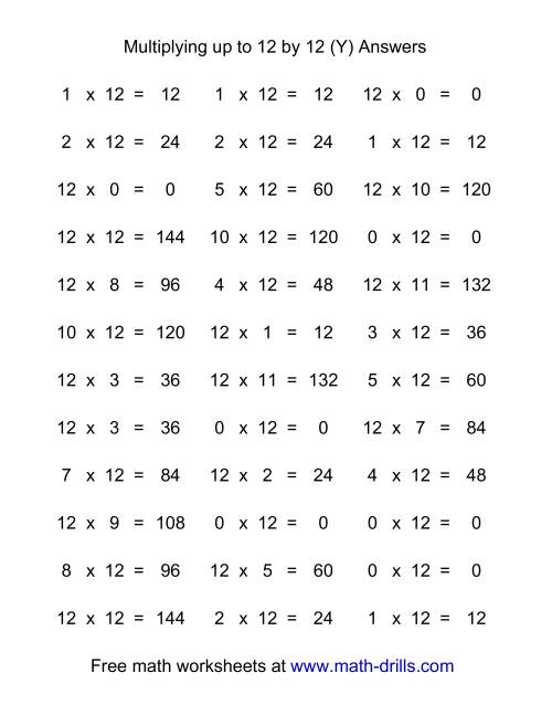 The 36 Horizontal Multiplication Facts Questions -- 12 by 0-12 (Y) Math Worksheet Page 2