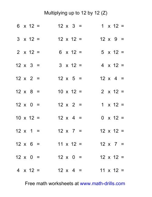 The 36 Horizontal Multiplication Facts Questions -- 12 by 0-12 (Z) Math Worksheet