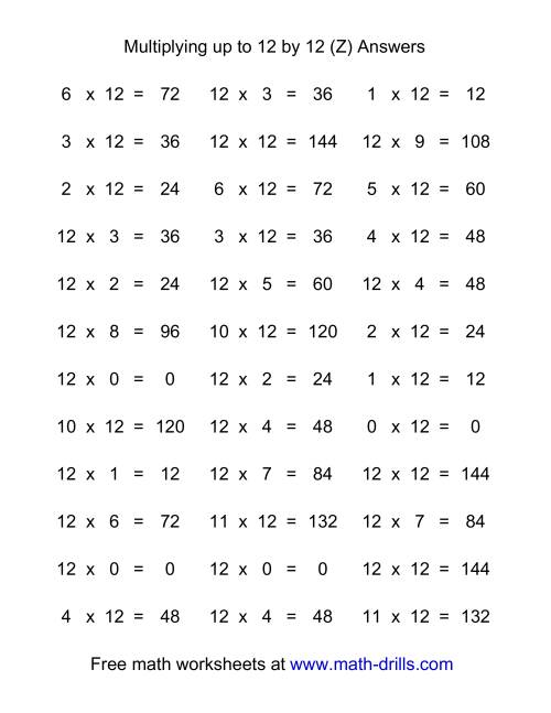 The 36 Horizontal Multiplication Facts Questions -- 12 by 0-12 (Z) Math Worksheet Page 2
