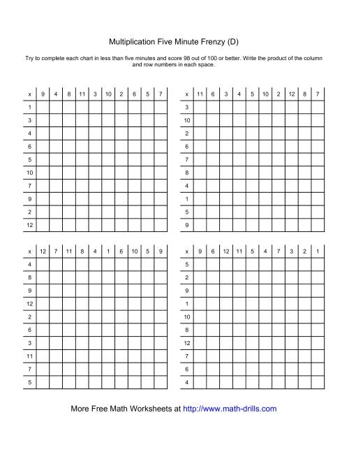 The Five Minute Frenzy -- Four per page (D) Math Worksheet