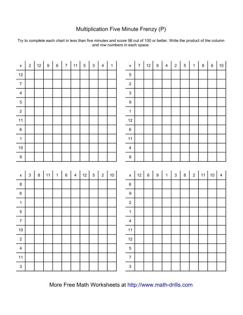 The Five Minute Frenzy -- Four per page (P) Math Worksheet