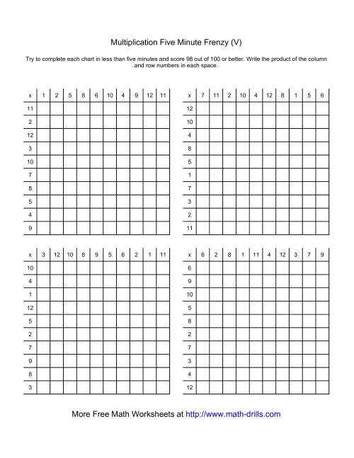 The Five Minute Frenzy -- Four per page (V) Math Worksheet