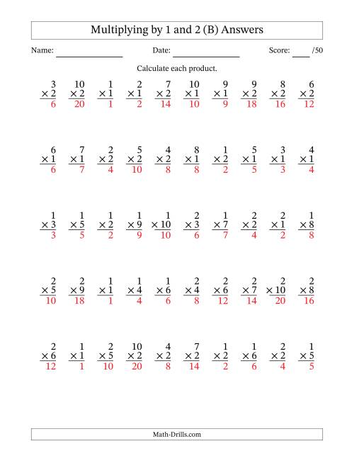The Multiplying (1 to 10) by 1 and 2 (50 Questions) (B) Math Worksheet Page 2