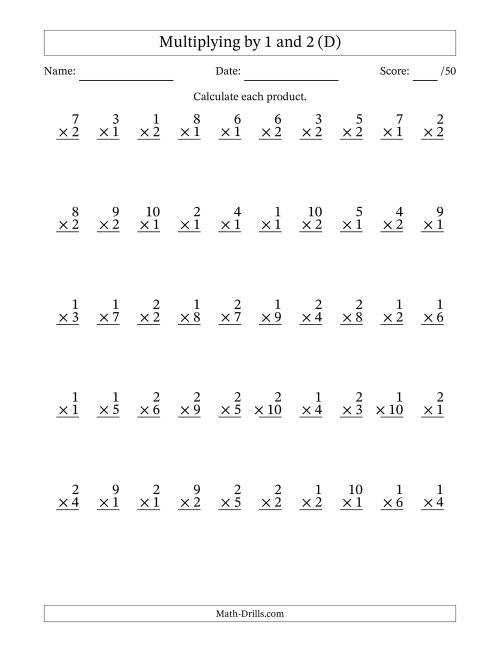 The Multiplying (1 to 10) by 1 and 2 (50 Questions) (D) Math Worksheet