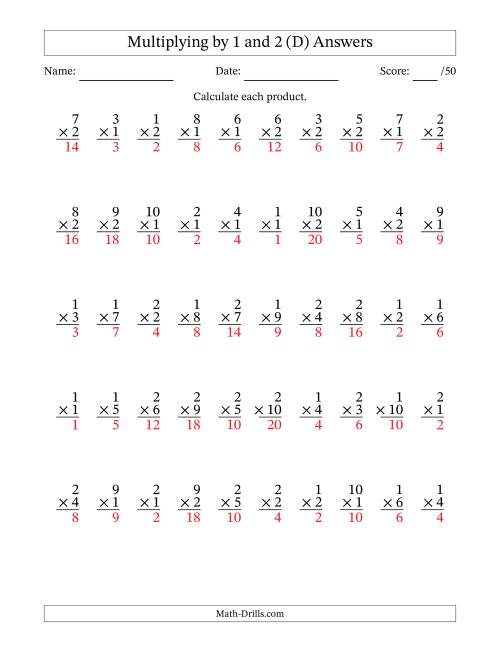 The Multiplying (1 to 10) by 1 and 2 (50 Questions) (D) Math Worksheet Page 2