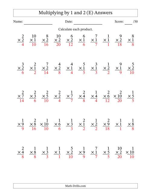 The Multiplying (1 to 10) by 1 and 2 (50 Questions) (E) Math Worksheet Page 2