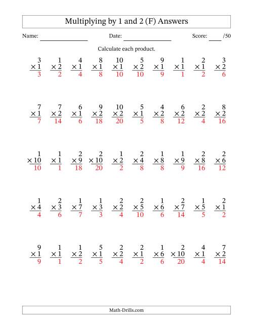 The Multiplying (1 to 10) by 1 and 2 (50 Questions) (F) Math Worksheet Page 2