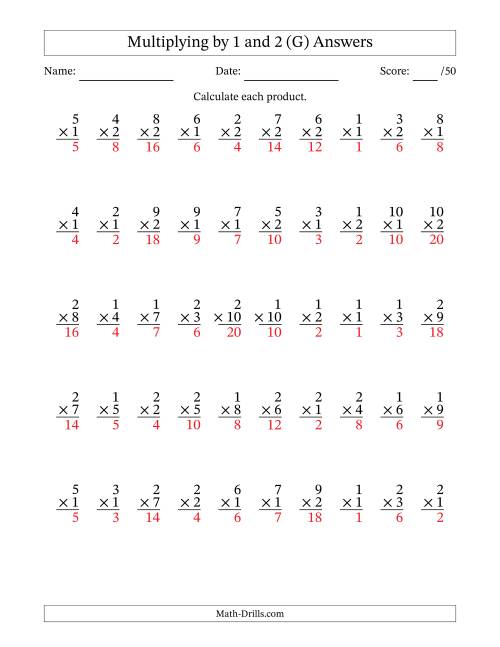 The Multiplying (1 to 10) by 1 and 2 (50 Questions) (G) Math Worksheet Page 2