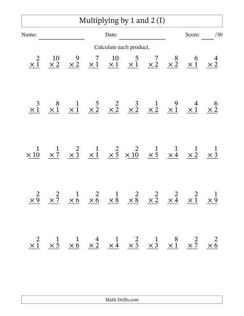 The Multiplying (1 to 10) by 1 and 2 (50 Questions) (I) Math Worksheet
