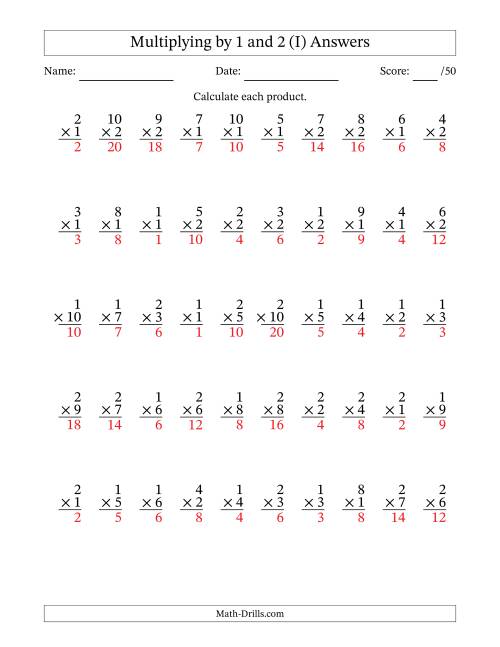 The Multiplying (1 to 10) by 1 and 2 (50 Questions) (I) Math Worksheet Page 2