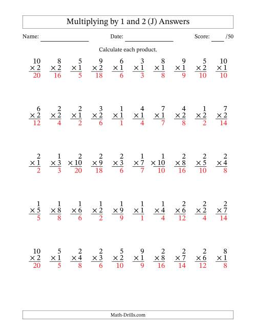 The Multiplying (1 to 10) by 1 and 2 (50 Questions) (J) Math Worksheet Page 2