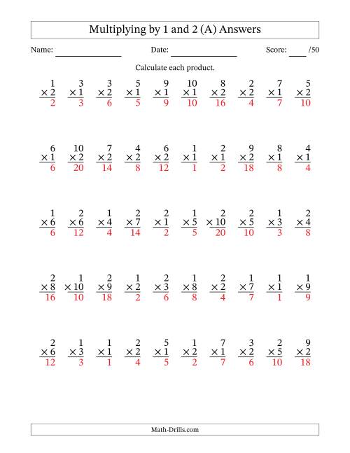 The Multiplying (1 to 10) by 1 and 2 (50 Questions) (All) Math Worksheet Page 2