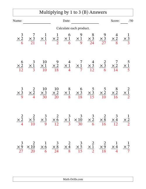 The Multiplying (1 to 10) by 1 to 3 (50 Questions) (B) Math Worksheet Page 2